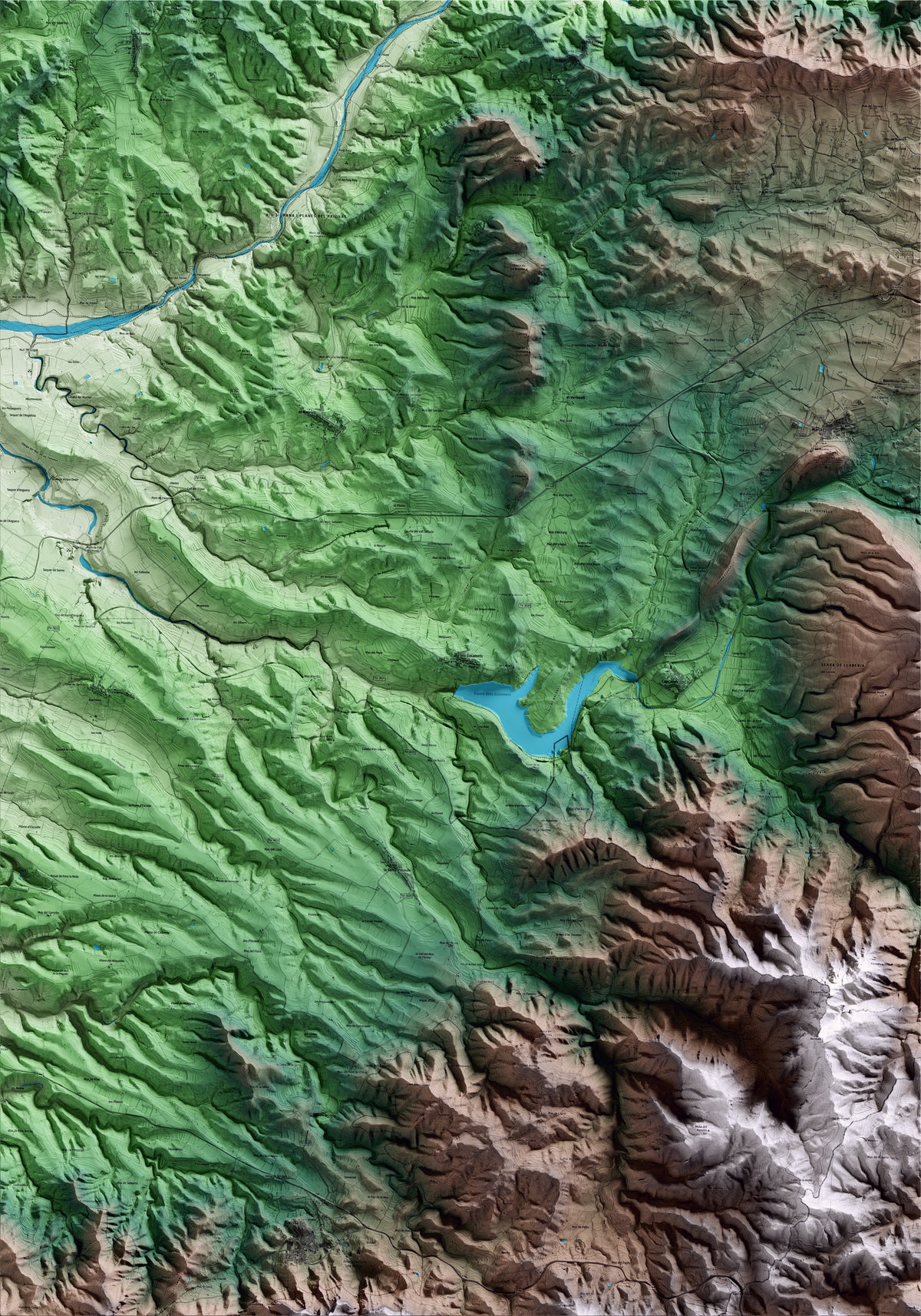 Mapa artístico del relieve dels Guiamets, al Priorat, con 15 km de entorno y base topográfica ICGC