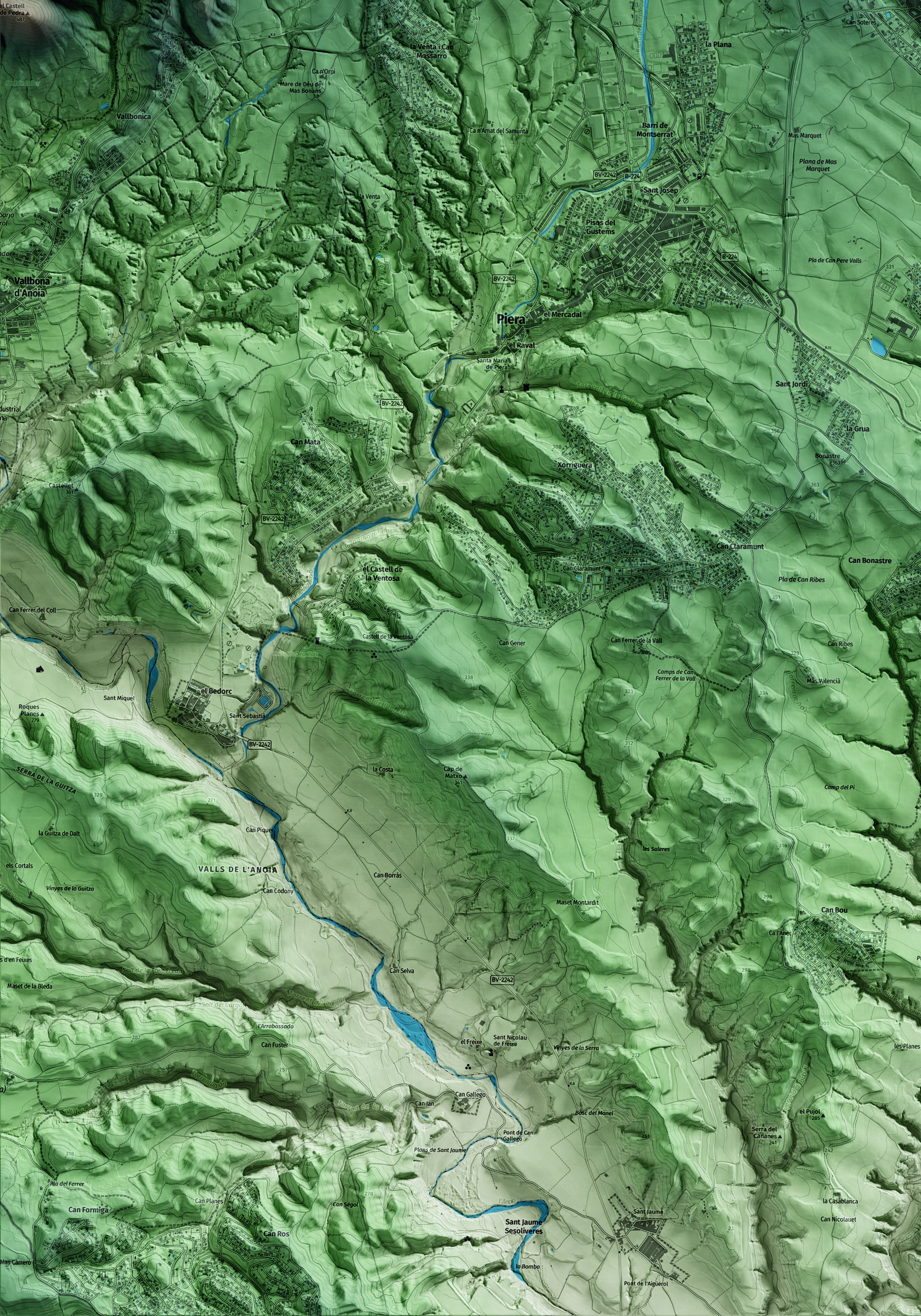 Mapa artístico del relieve dels Hostalets de Pierola, al Anoia, con 15 km de entorno y base topográfica ICGC. Detalle de la zona inferior izquierda.