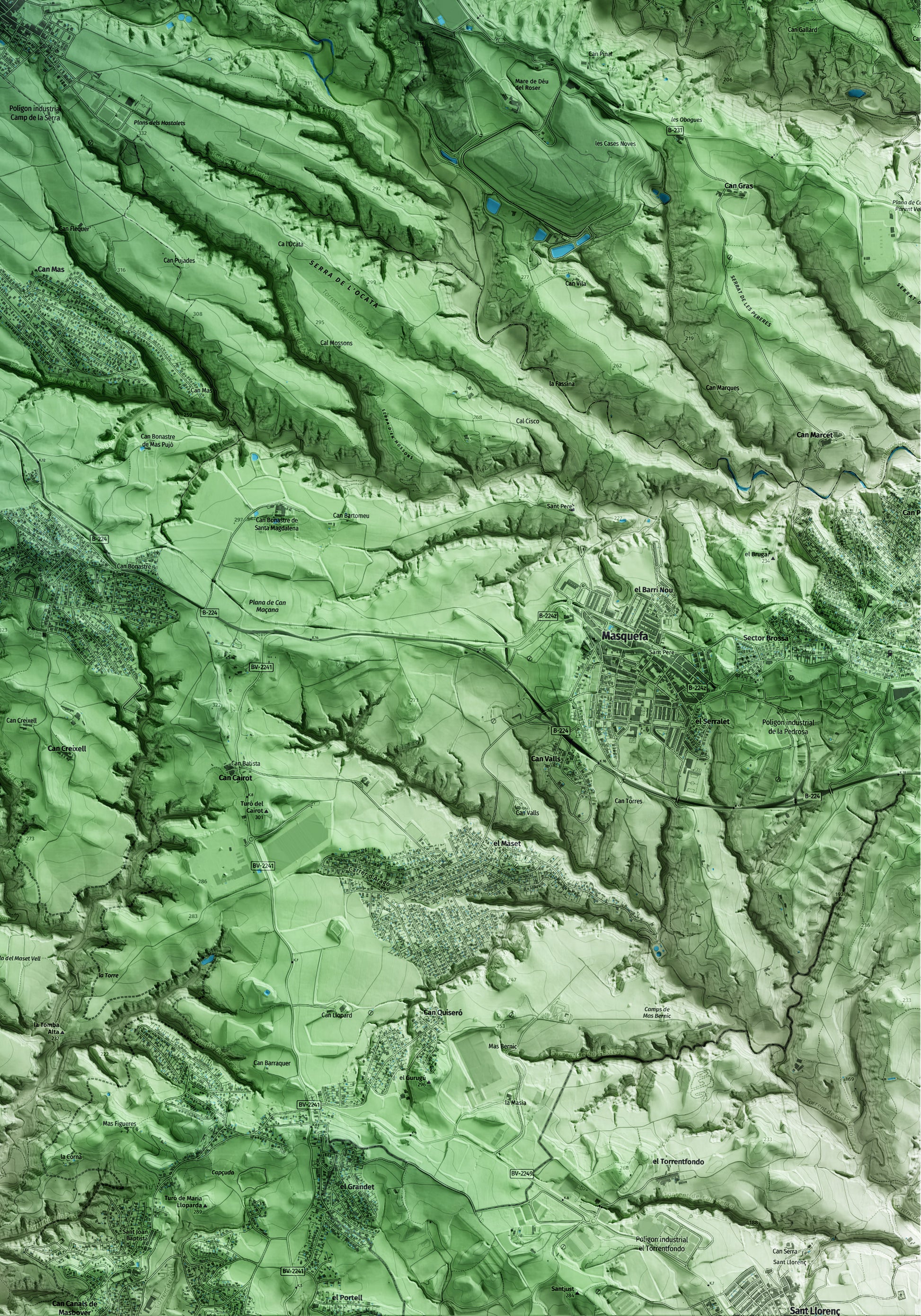 Mapa artístico del relieve dels Hostalets de Pierola, al Anoia, con 15 km de entorno y base topográfica ICGC. Detalle de la zona inferior derecha.