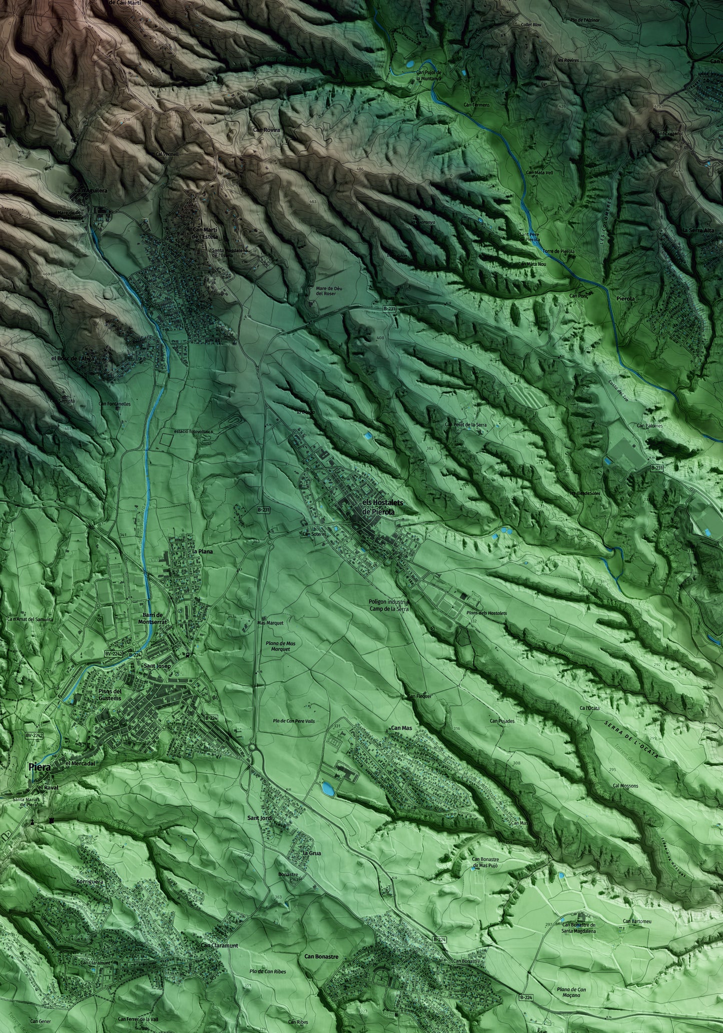 Mapa artístico del relieve dels Hostalets de Pierola, al Anoia, con 15 km de entorno y base topográfica ICGC. Detalle de la zona central.