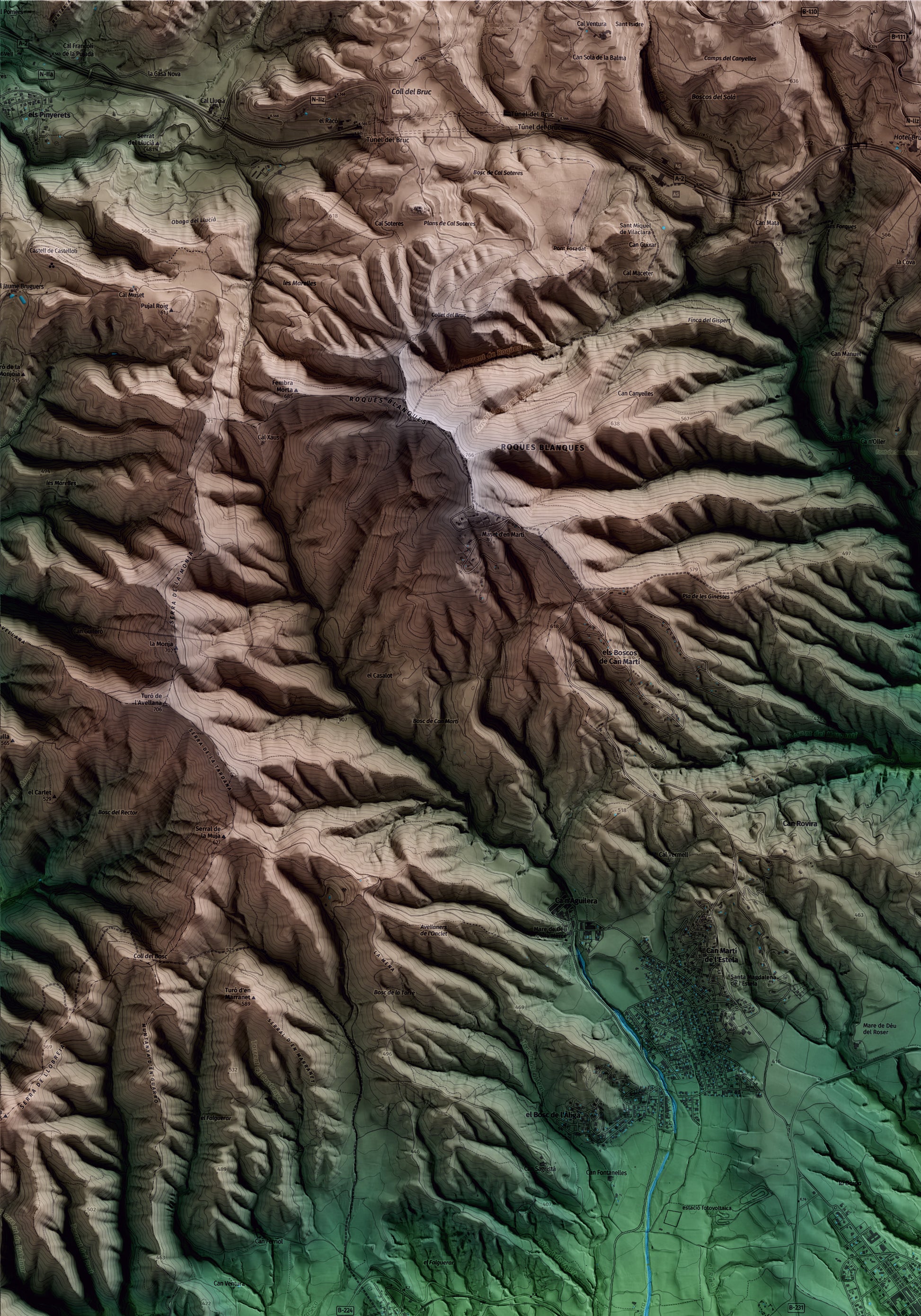 Mapa artístico del relieve dels Hostalets de Pierola, al Anoia, con 15 km de entorno y base topográfica ICGC. Detalle de la zona superior izquierda.