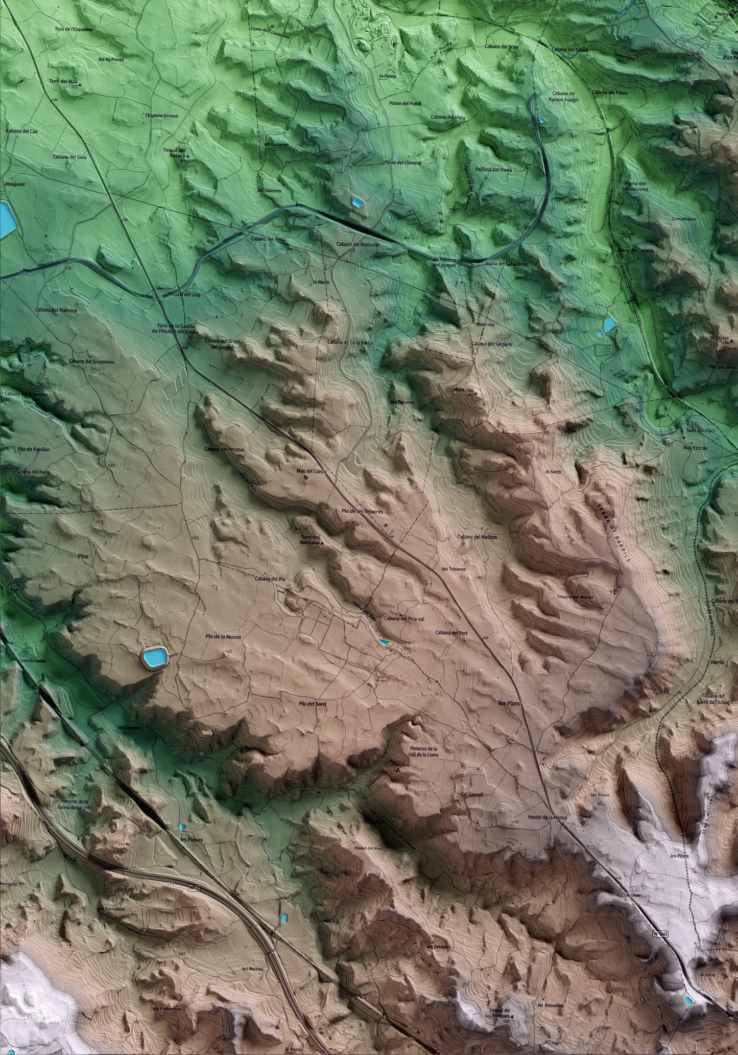 Mapa artístico del relieve dels Omellons, a las Garrigues, con 15 km de entorno y base topográfica ICGC. Detalle de la zona inferior izquierda.