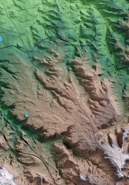 Mapa artístico del relieve dels Omellons, a las Garrigues, con 15 km de entorno y base topográfica ICGC. Detalle de la zona inferior izquierda.
