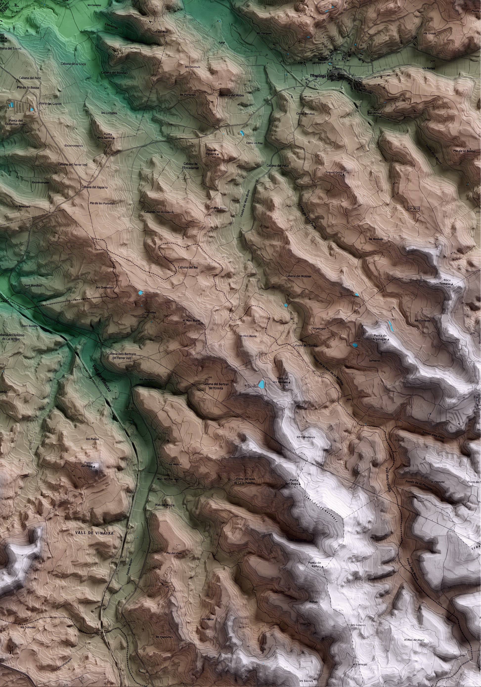 Mapa artístico del relieve dels Omellons, a las Garrigues, con 15 km de entorno y base topográfica ICGC. Detalle de la zona inferior derecha.