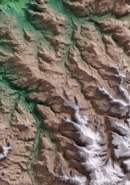 Mapa artístico del relieve dels Omellons, a las Garrigues, con 15 km de entorno y base topográfica ICGC. Detalle de la zona inferior derecha.