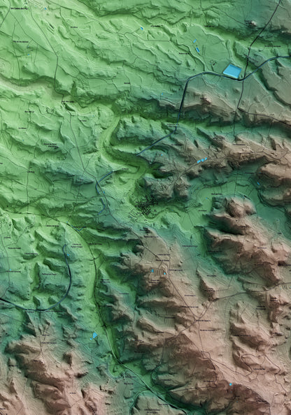 Mapa artístico del relieve dels Omellons, a las Garrigues, con 15 km de entorno y base topográfica ICGC. Detalle de la zona central.