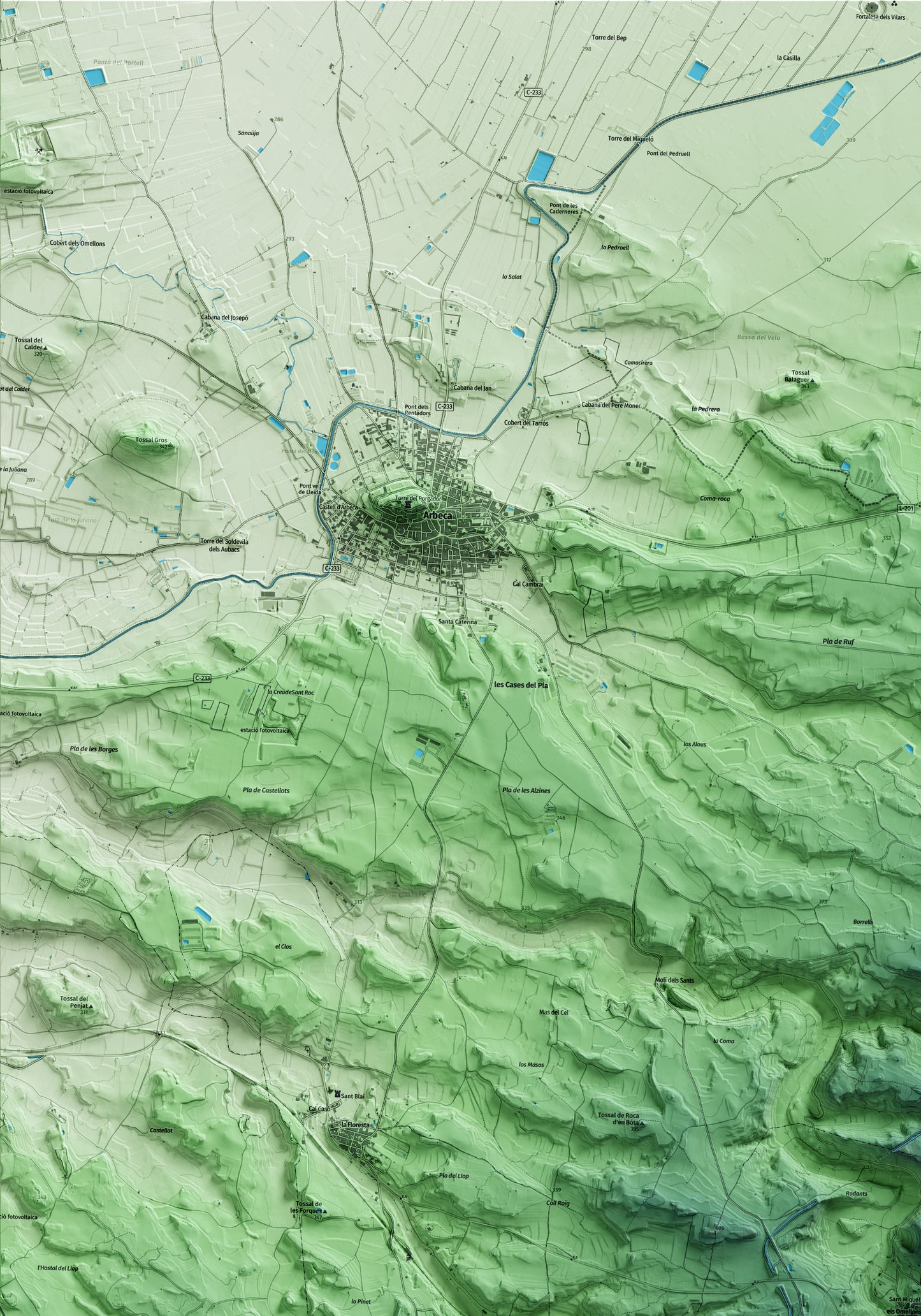 Mapa artístico del relieve dels Omellons, a las Garrigues, con 15 km de entorno y base topográfica ICGC. Detalle de la zona superior izquierda.