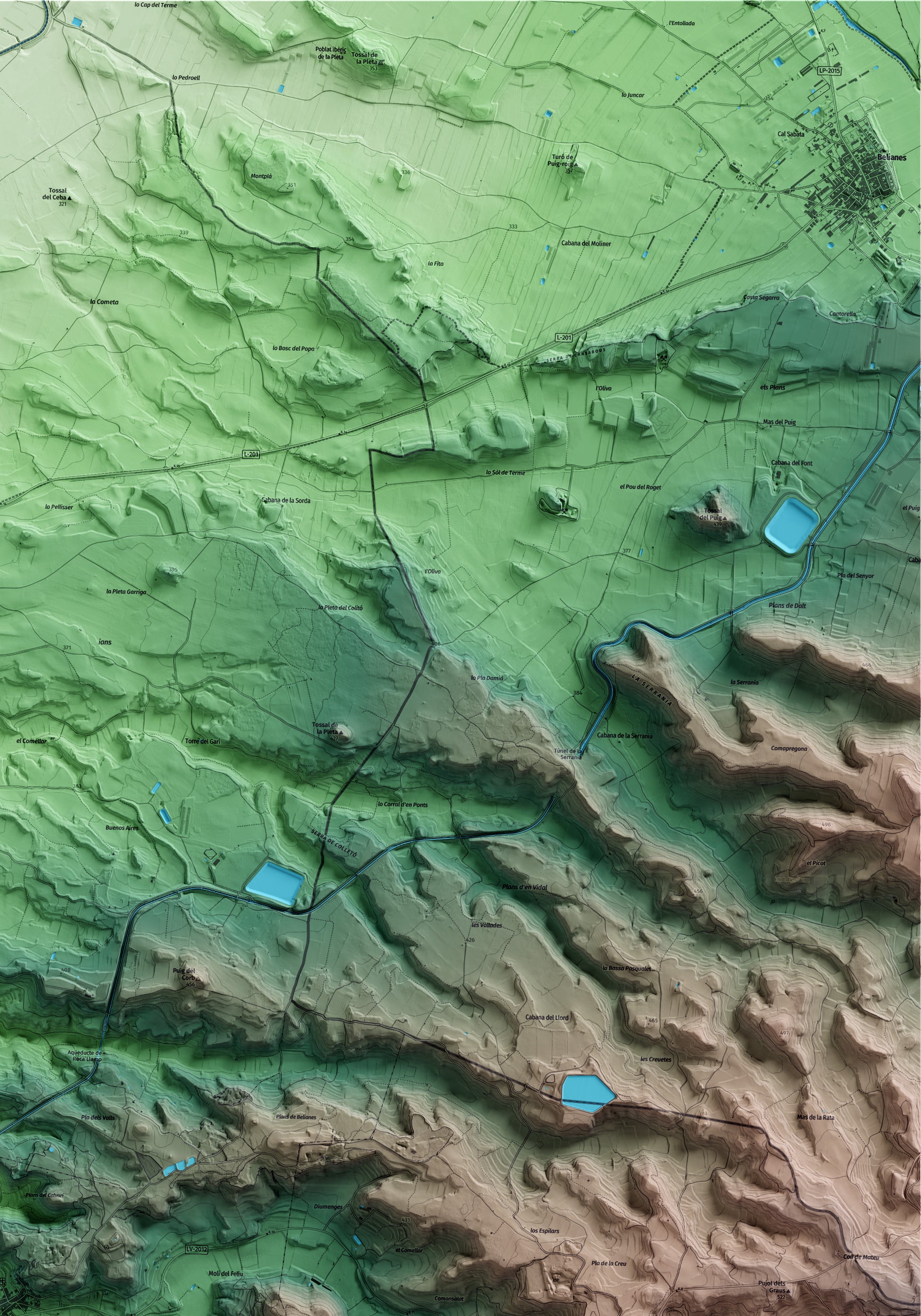 Mapa artístico del relieve dels Omellons, a las Garrigues, con 15 km de entorno y base topográfica ICGC. Detalle de la zona superior derecha.