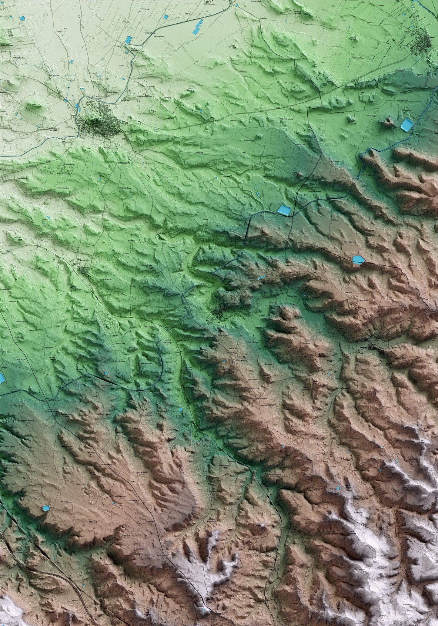 Mapa artístico del relieve dels Omellons, a las Garrigues, con 15 km de entorno y base topográfica ICGC