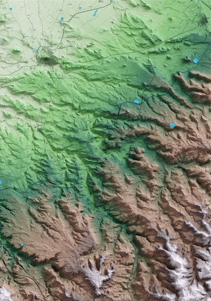 Mapa artístico del relieve dels Omellons, a las Garrigues, con 15 km de entorno y base topográfica ICGC