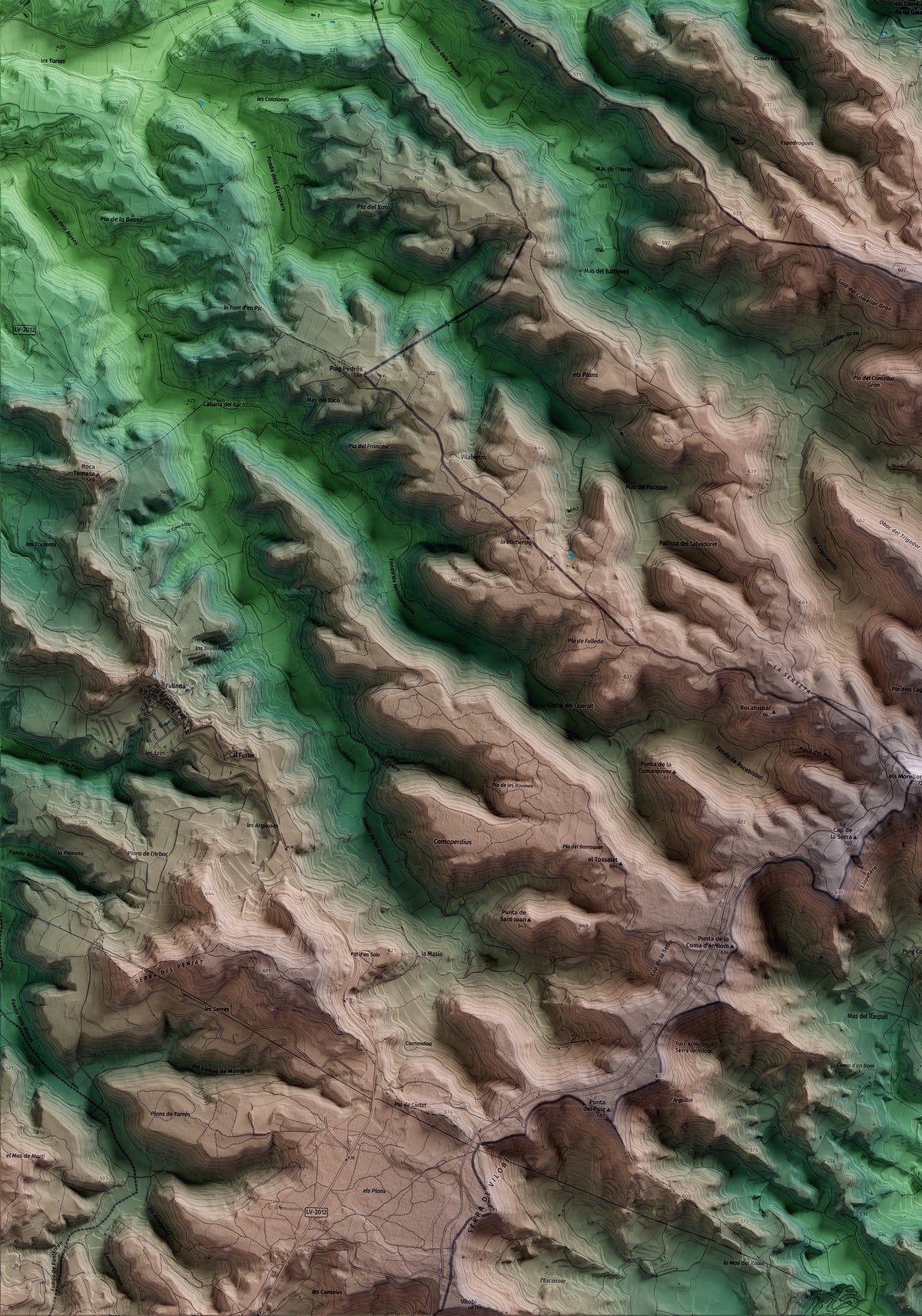 Mapa artístico del relieve dels Omells de na Gaia, al Urgell, con 15 km de entorno y base topográfica ICGC. Detalle de la zona inferior izquierda.