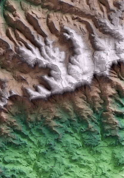 Mapa artístico del relieve dels Omells de na Gaia, al Urgell, con 15 km de entorno y base topográfica ICGC. Detalle de la zona inferior derecha.