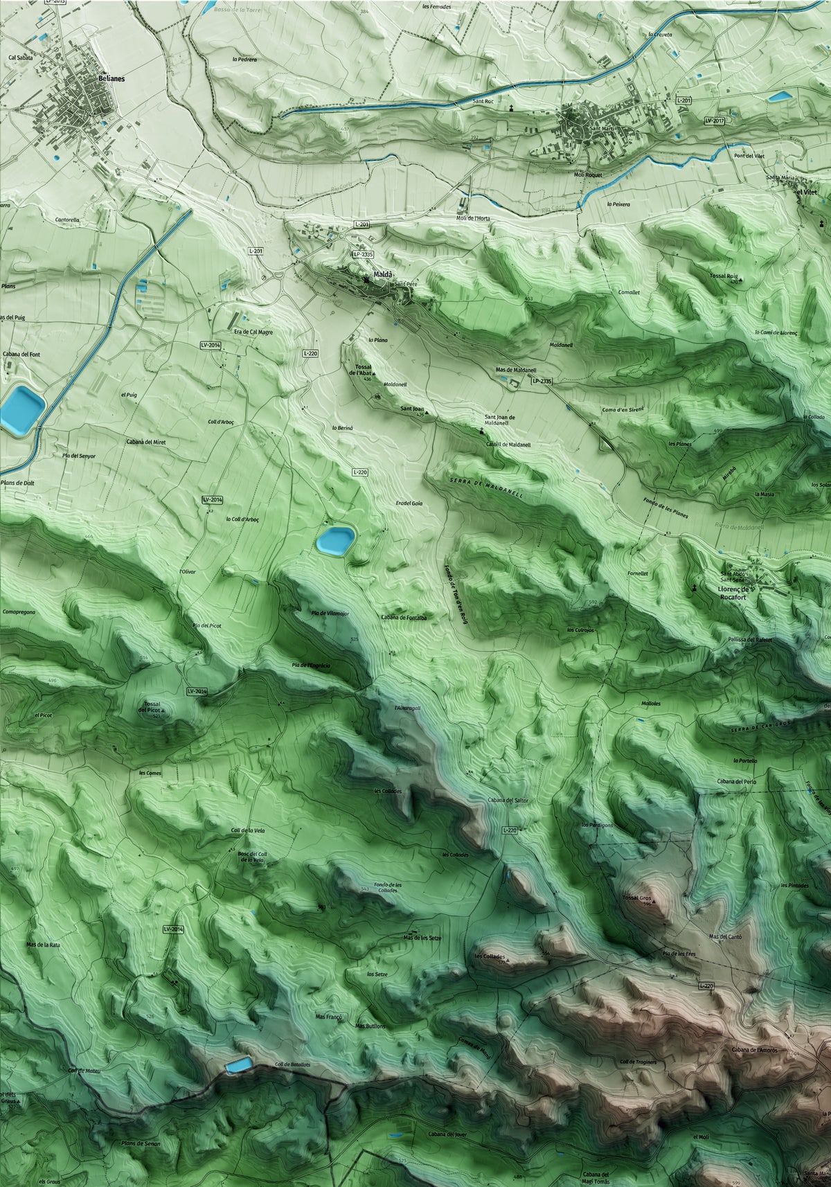 Mapa artístico del relieve dels Omells de na Gaia, al Urgell, con 15 km de entorno y base topográfica ICGC. Detalle de la zona superior izquierda.