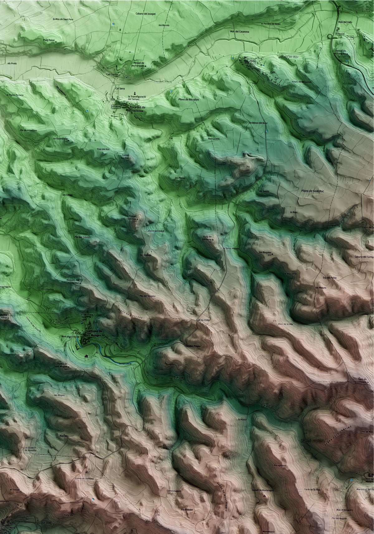 Mapa artístico del relieve dels Omells de na Gaia, al Urgell, con 15 km de entorno y base topográfica ICGC. Detalle de la zona superior derecha.