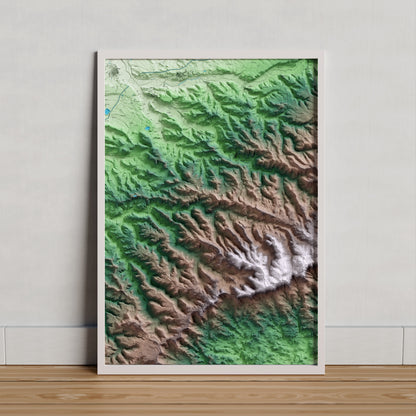 Mapa artístico del relieve dels Omells de na Gaia, al Urgell, con 15 km de entorno y base topográfica ICGC. Presentación enmarcada.