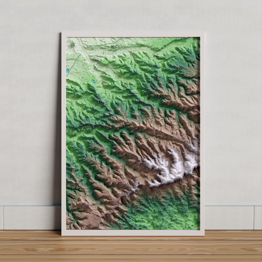 Mapa artístico del relieve dels Omells de na Gaia, al Urgell, con 15 km de entorno y base topográfica ICGC. Presentación enmarcada.