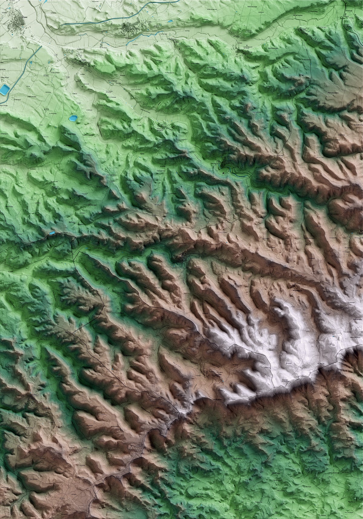 Mapa artístico del relieve dels Omells de na Gaia, al Urgell, con 15 km de entorno y base topográfica ICGC