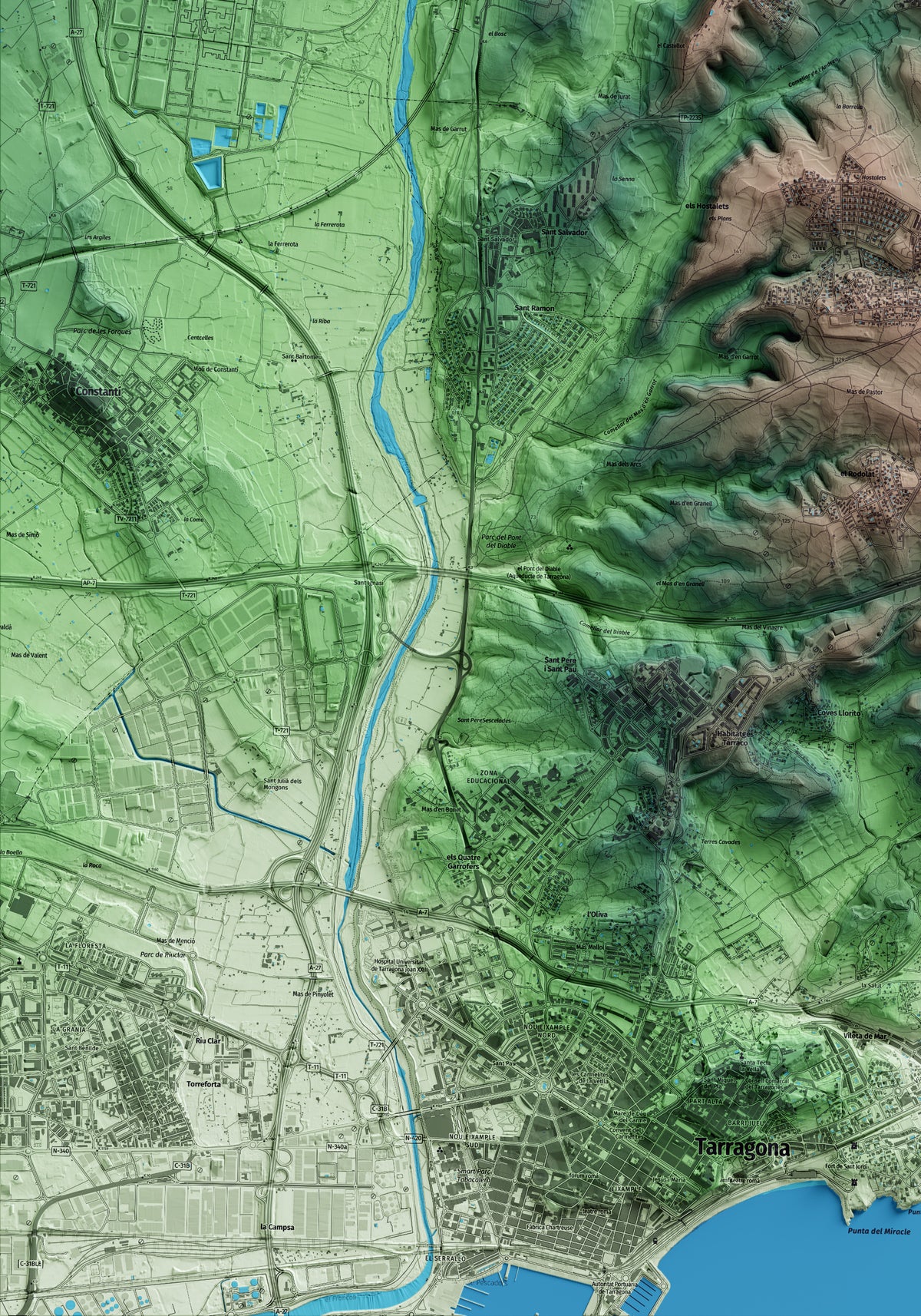 Mapa artístico del relieve dels Pallaresos, al Tarragonès, con 15 km de entorno y base topográfica ICGC. Detalle de la zona inferior izquierda.