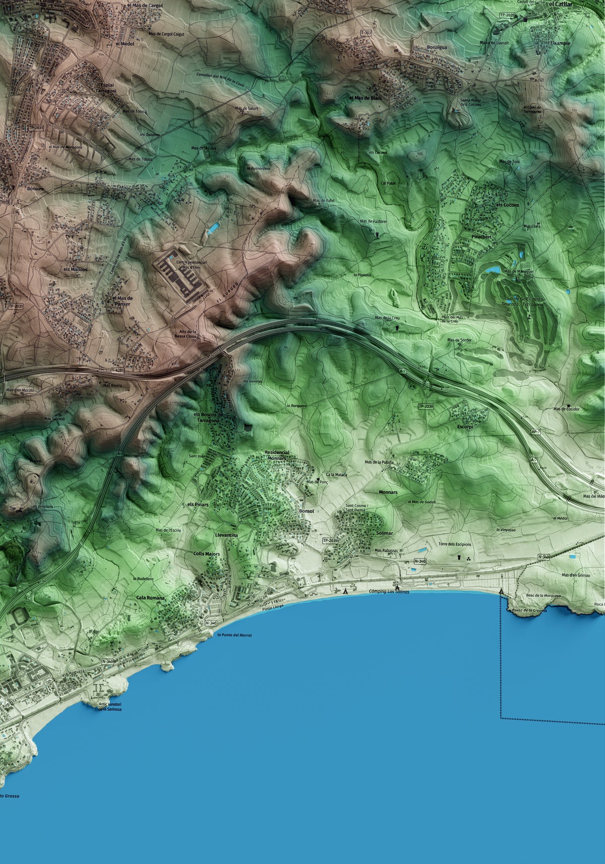 Mapa artístico del relieve dels Pallaresos, al Tarragonès, con 15 km de entorno y base topográfica ICGC. Detalle de la zona inferior derecha.