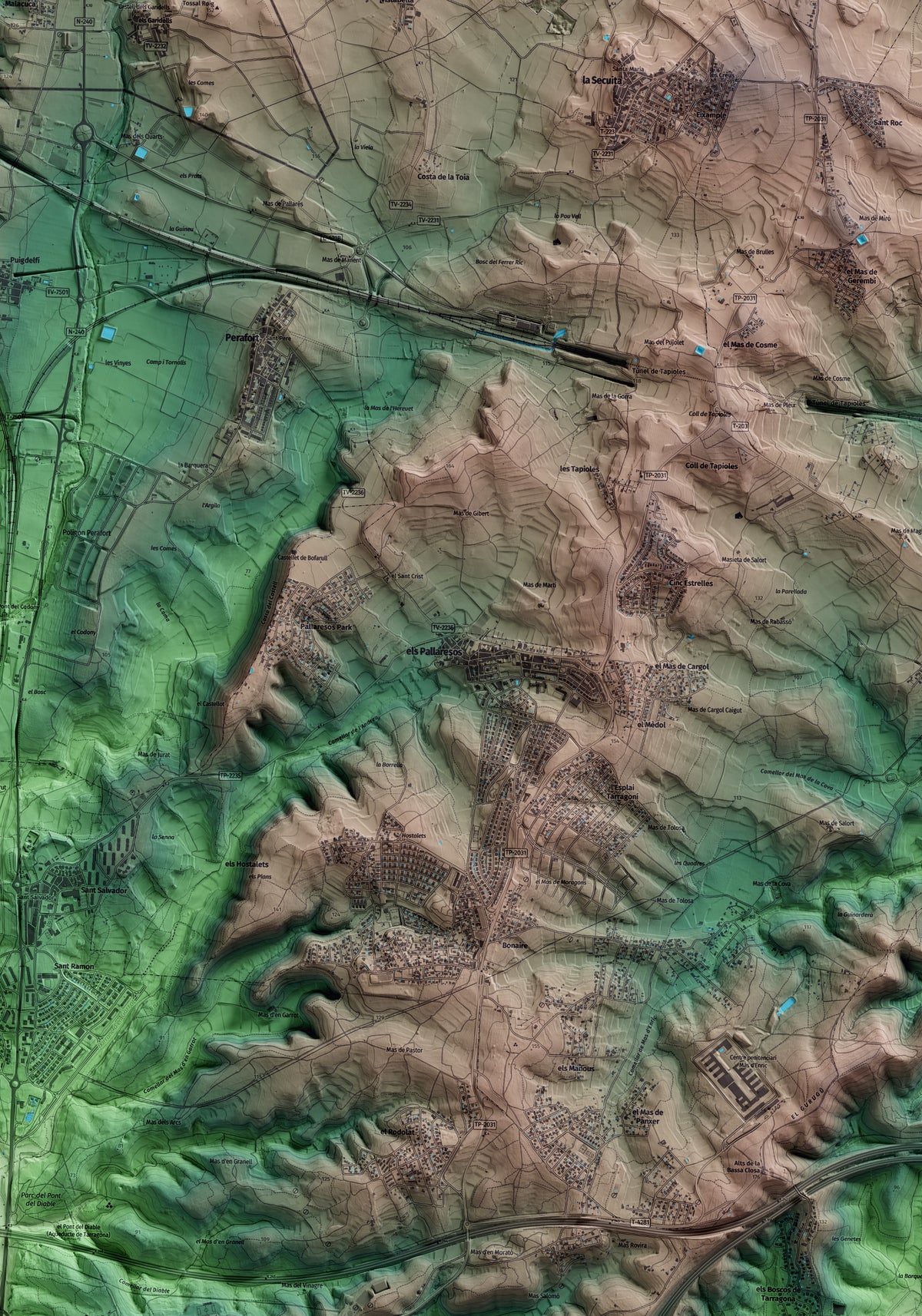Mapa artístico del relieve dels Pallaresos, al Tarragonès, con 15 km de entorno y base topográfica ICGC. Detalle de la zona central.