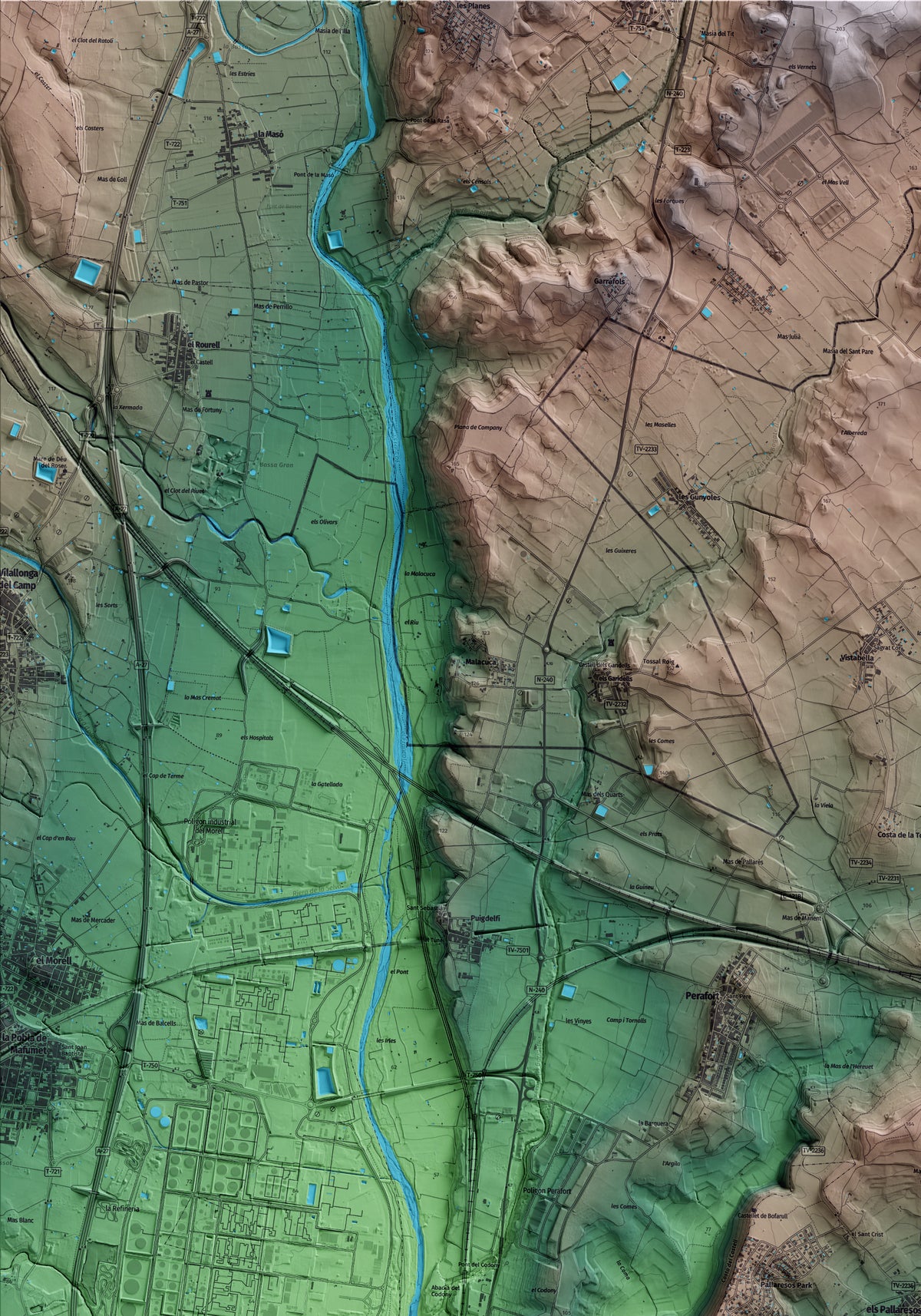 Mapa artístico del relieve dels Pallaresos, al Tarragonès, con 15 km de entorno y base topográfica ICGC. Detalle de la zona superior izquierda.