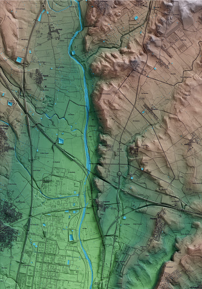 Mapa artístico del relieve dels Pallaresos, al Tarragonès, con 15 km de entorno y base topográfica ICGC. Detalle de la zona superior izquierda.