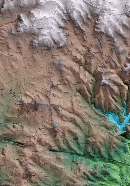 Mapa artístico del relieve dels Pallaresos, al Tarragonès, con 15 km de entorno y base topográfica ICGC. Detalle de la zona superior derecha.
