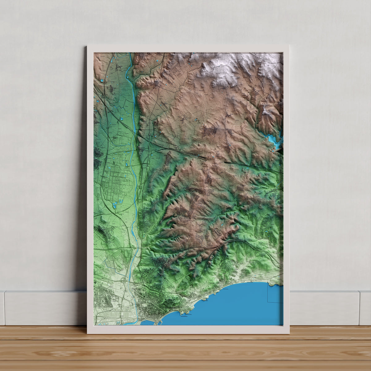 Mapa artístico del relieve dels Pallaresos, al Tarragonès, con 15 km de entorno y base topográfica ICGC. Presentación enmarcada.