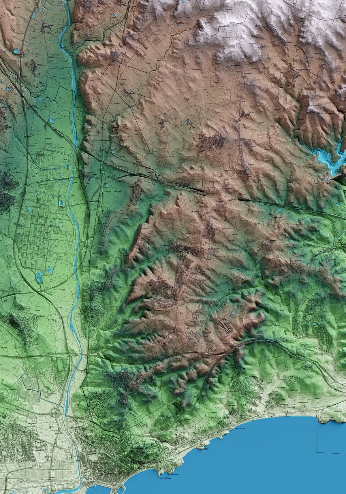 Mapa artístico del relieve dels Pallaresos, al Tarragonès, con 15 km de entorno y base topográfica ICGC
