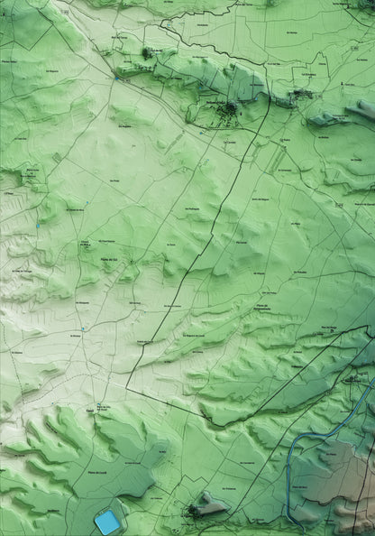 Mapa artístico del relieve dels Plans de Sió, a la Segarra, con 15 km de entorno y base topográfica ICGC. Detalle de la zona inferior izquierda.