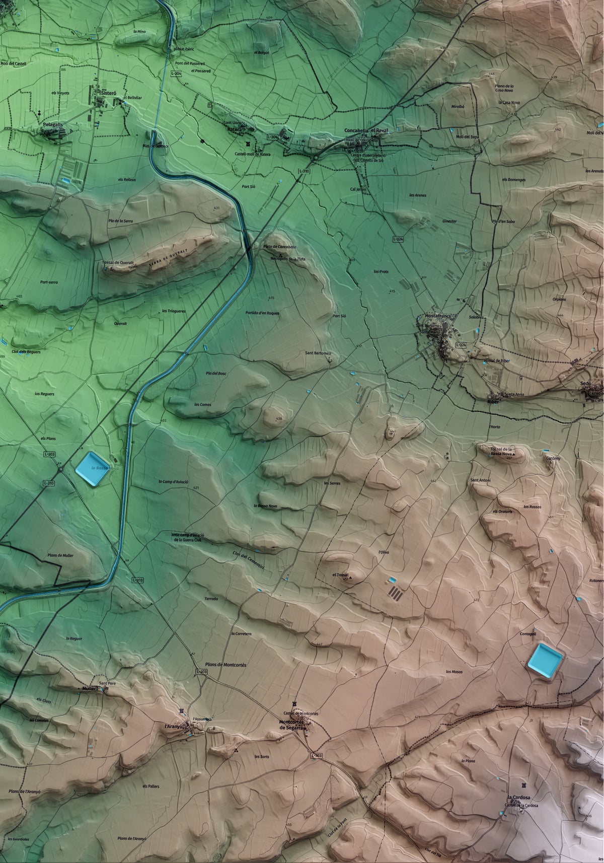 Mapa artístico del relieve dels Plans de Sió, a la Segarra, con 15 km de entorno y base topográfica ICGC. Detalle de la zona inferior derecha.