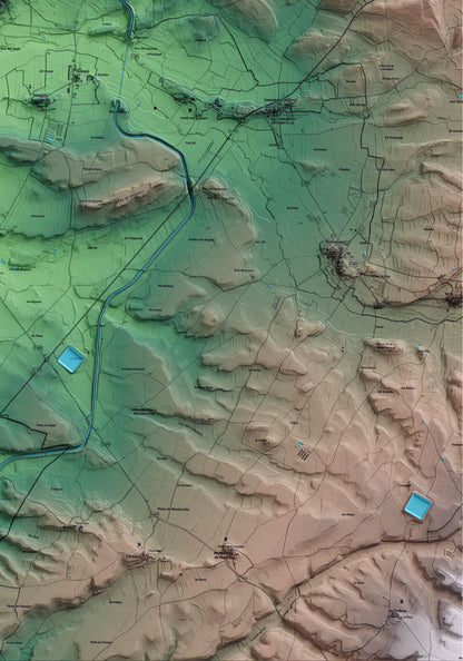Mapa artístico del relieve dels Plans de Sió, a la Segarra, con 15 km de entorno y base topográfica ICGC. Detalle de la zona inferior derecha.