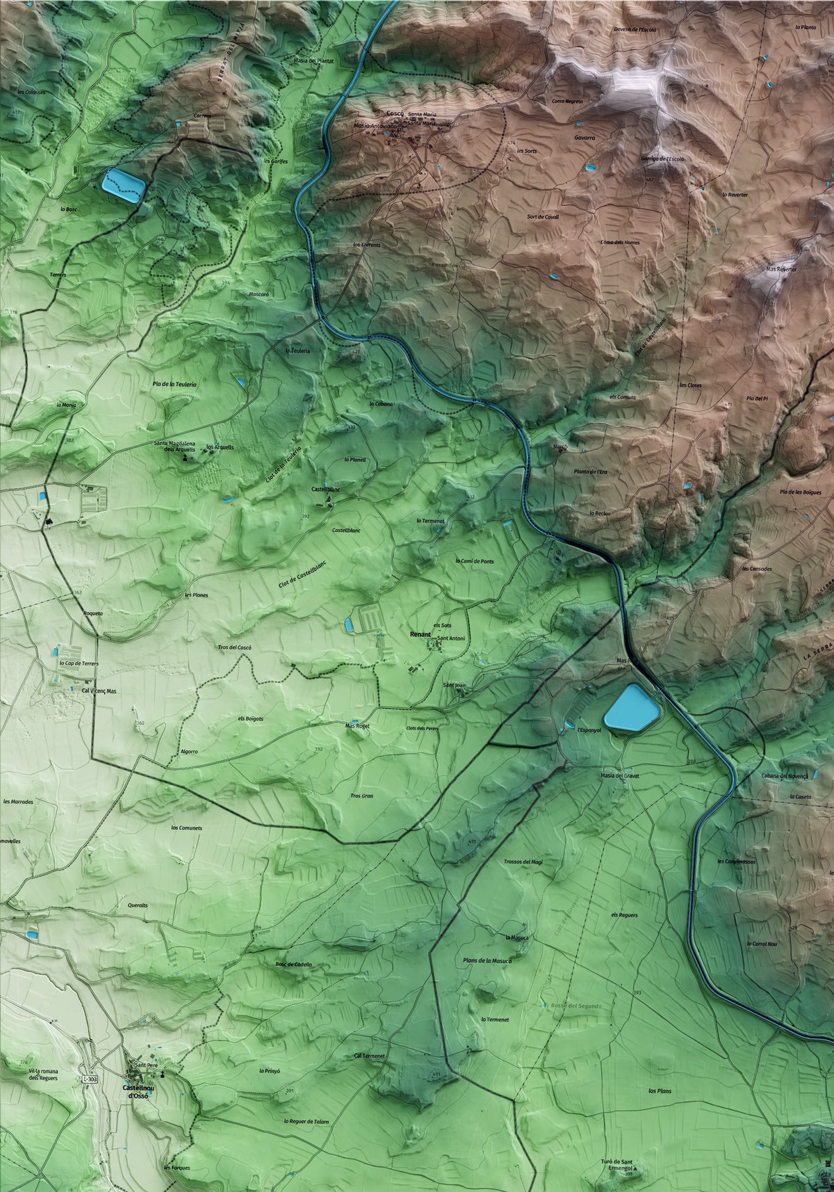 Mapa artístico del relieve dels Plans de Sió, a la Segarra, con 15 km de entorno y base topográfica ICGC. Detalle de la zona superior izquierda.
