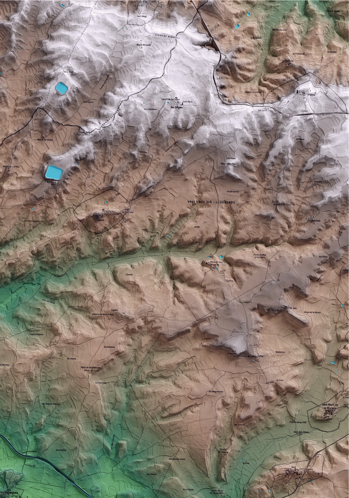 Mapa artístico del relieve dels Plans de Sió, a la Segarra, con 15 km de entorno y base topográfica ICGC. Detalle de la zona superior derecha.