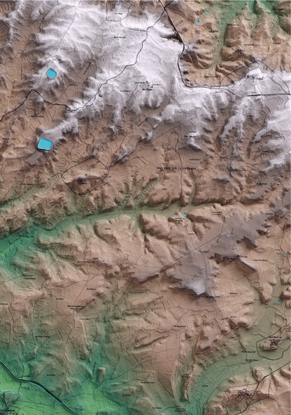 Mapa artístico del relieve dels Plans de Sió, a la Segarra, con 15 km de entorno y base topográfica ICGC. Detalle de la zona superior derecha.