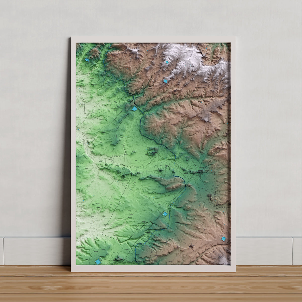 Mapa artístico del relieve dels Plans de Sió, a la Segarra, con 15 km de entorno y base topográfica ICGC. Presentación enmarcada.