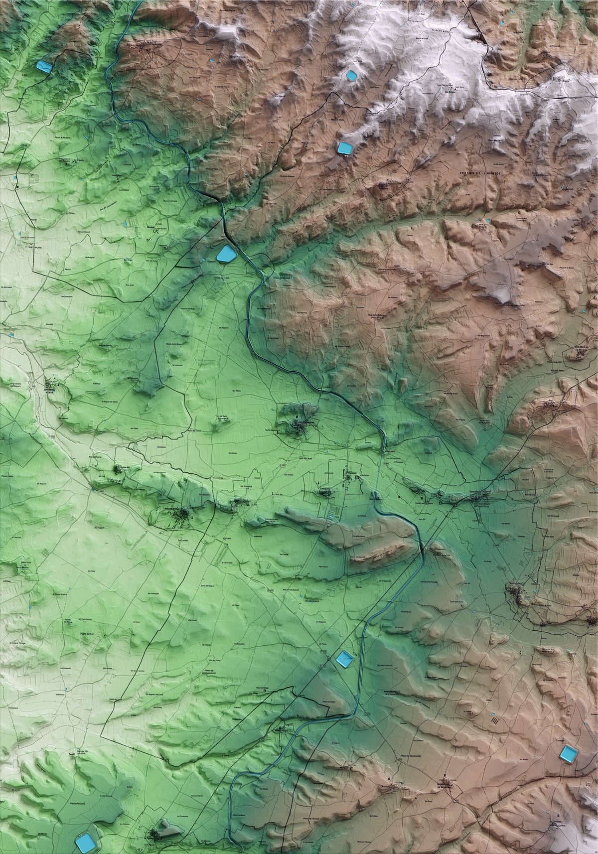 Mapa artístico del relieve dels Plans de Sió, a la Segarra, con 15 km de entorno y base topográfica ICGC