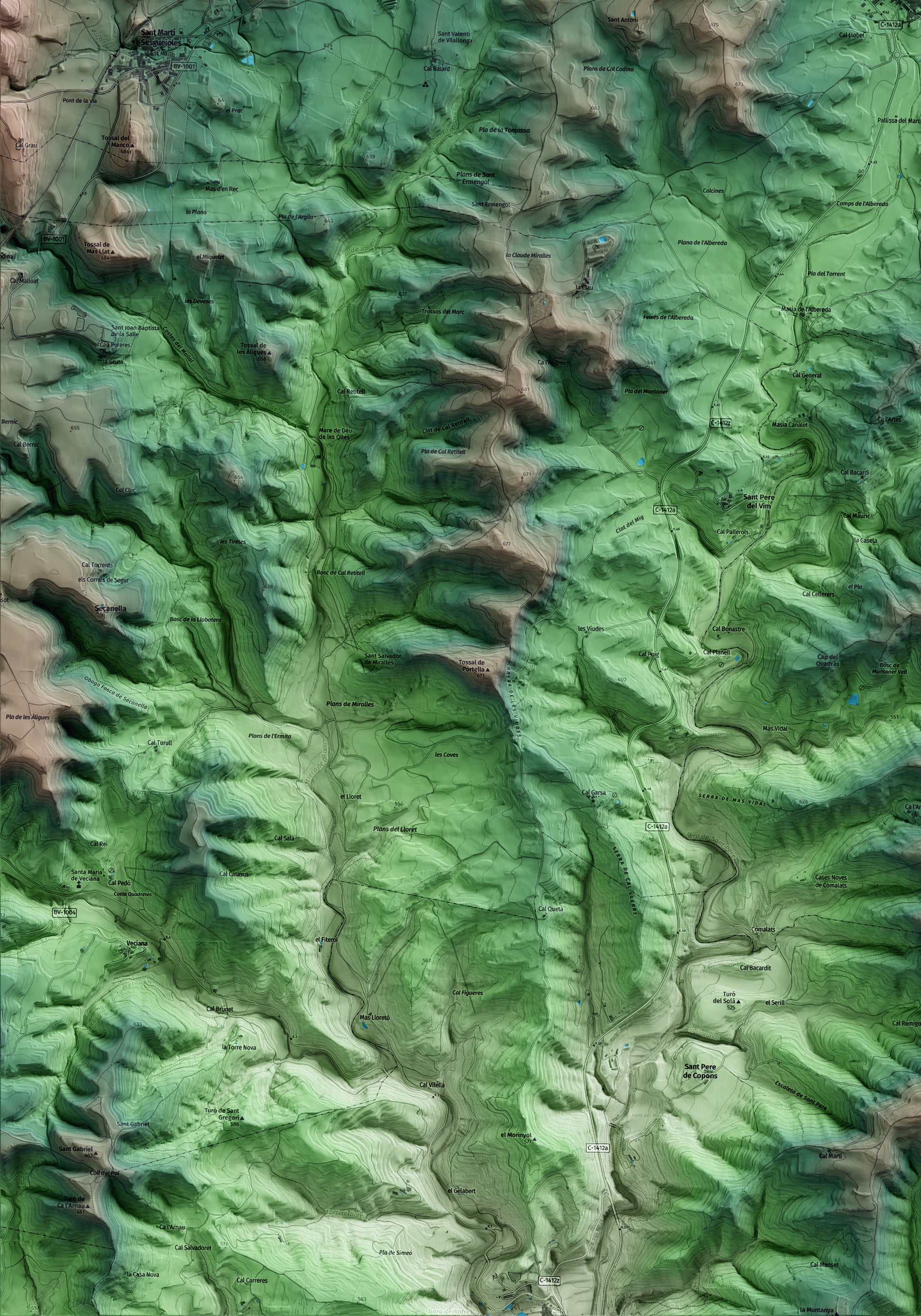 Mapa artístico del relieve dels Prats de Rei, al Anoia, con 15 km de entorno y base topográfica ICGC. Detalle de la zona inferior izquierda.
