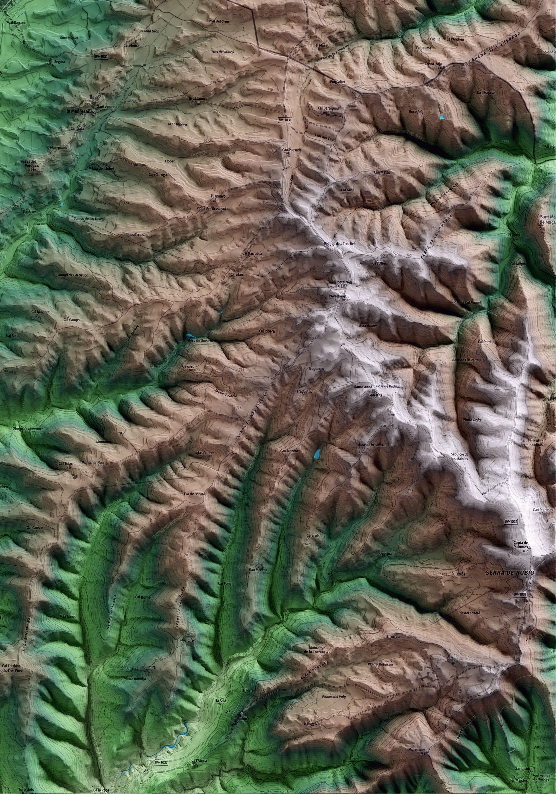 Mapa artístico del relieve dels Prats de Rei, al Anoia, con 15 km de entorno y base topográfica ICGC. Detalle de la zona inferior derecha.