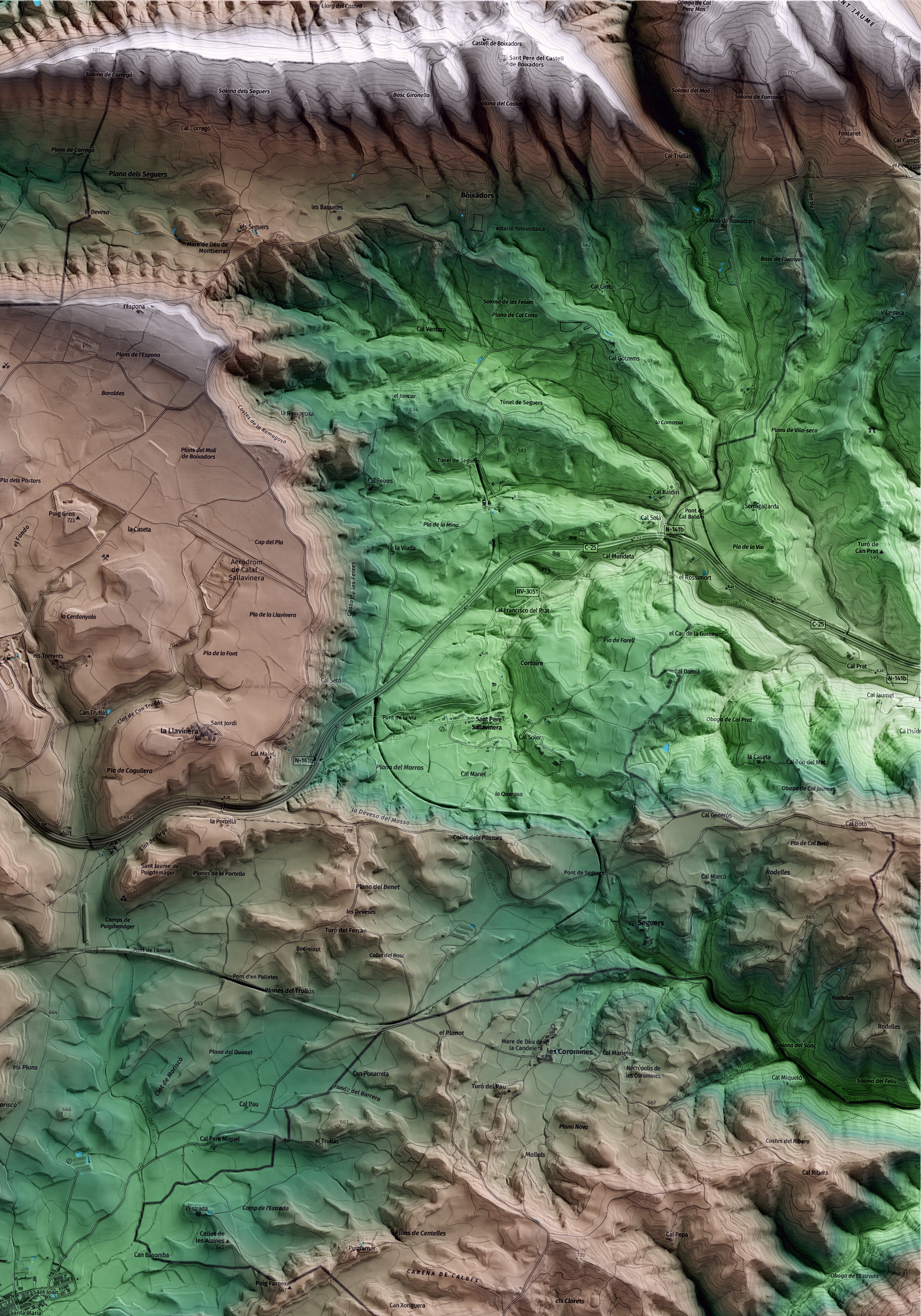 Mapa artístico del relieve dels Prats de Rei, al Anoia, con 15 km de entorno y base topográfica ICGC. Detalle de la zona superior derecha.