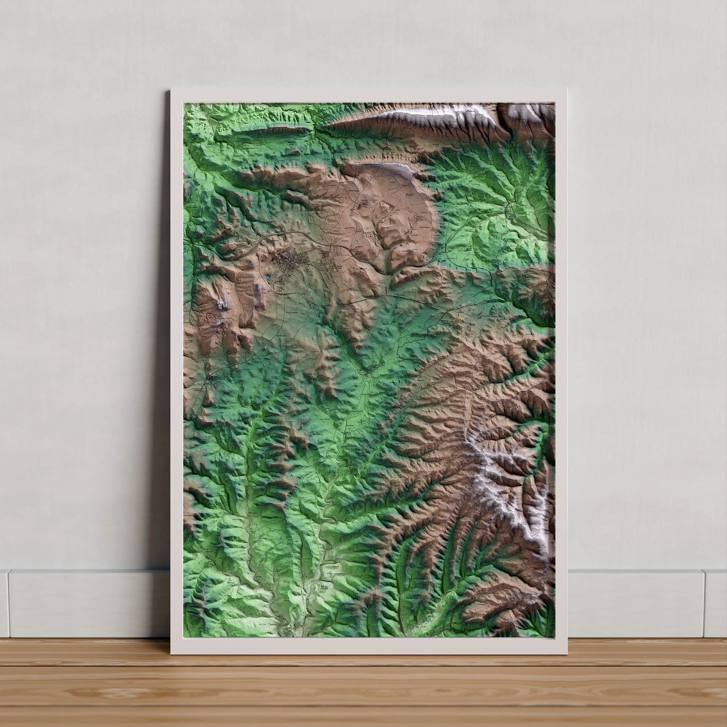 Mapa artístico del relieve dels Prats de Rei, al Anoia, con 15 km de entorno y base topográfica ICGC. Presentación enmarcada.