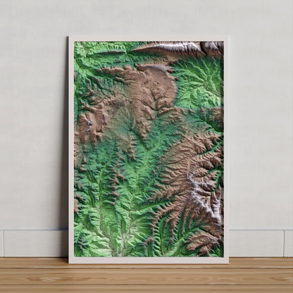 Mapa artístico del relieve dels Prats de Rei, al Anoia, con 15 km de entorno y base topográfica ICGC. Presentación enmarcada.