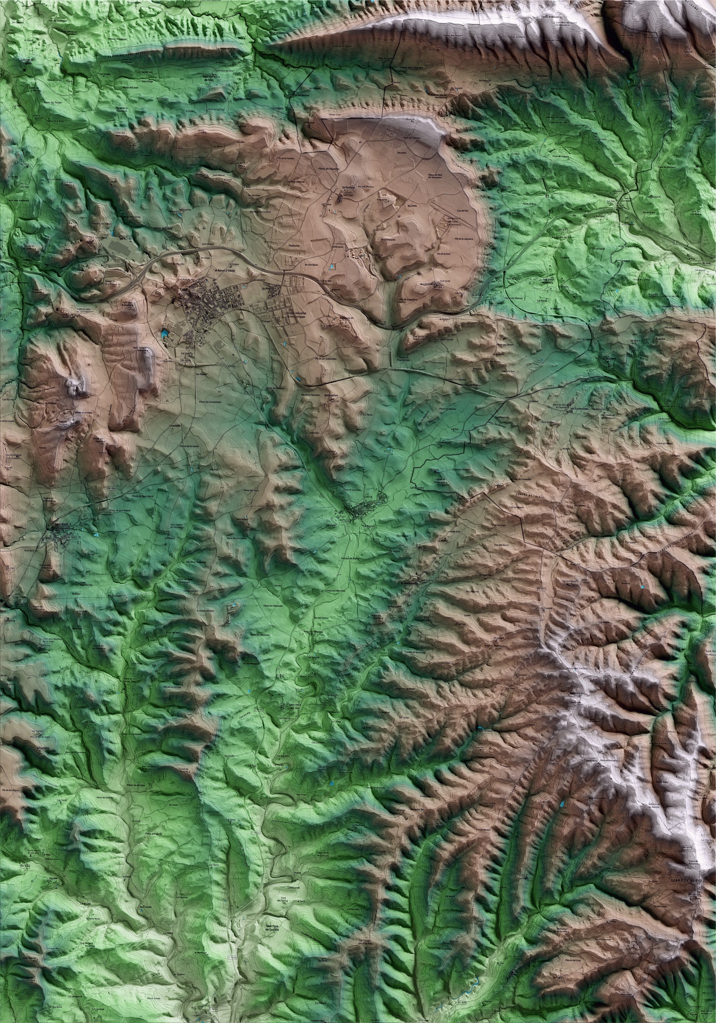 Mapa artístico del relieve dels Prats de Rei, al Anoia, con 15 km de entorno y base topográfica ICGC
