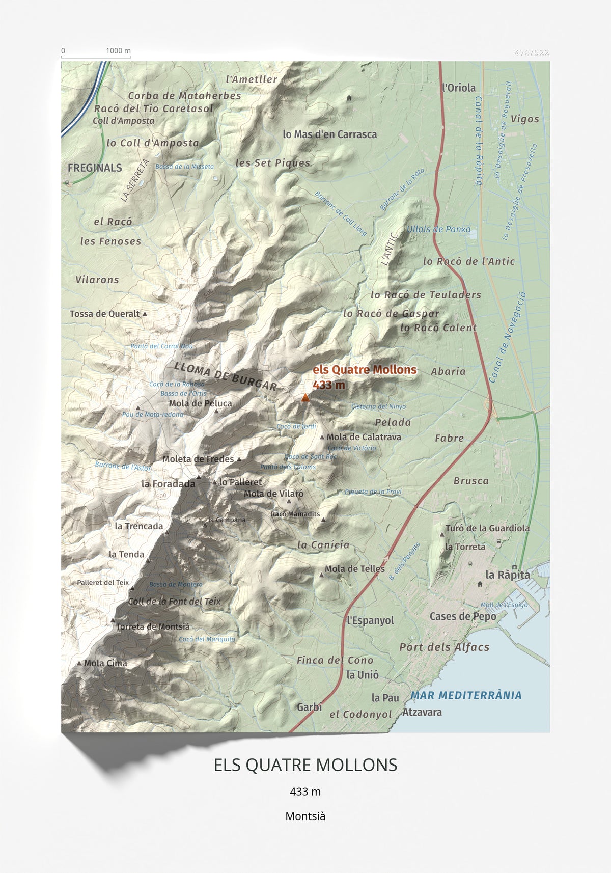 Mapa de relieve de els Quatre Mollons, 433 m, Montsià, lámina 100 Cims de Trobart 21 × 30 cm.