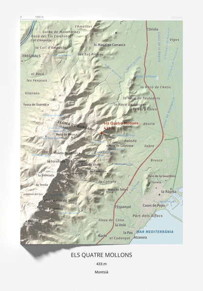 Mapa de relieve de els Quatre Mollons, 433 m, Montsià, lámina 100 Cims de Trobart 21 × 30 cm.