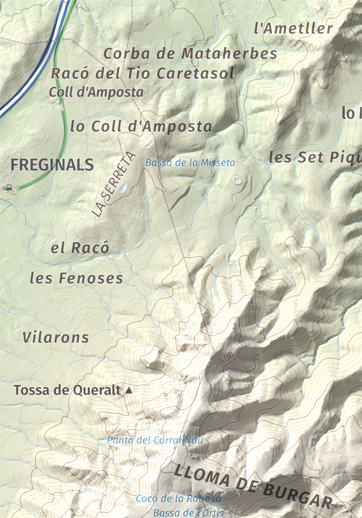 Mapa de relieve de els Quatre Mollons, 433 m, Montsià, lámina 100 Cims de Trobart. Detalle de la zona superior izquierda. 21 × 30 cm.