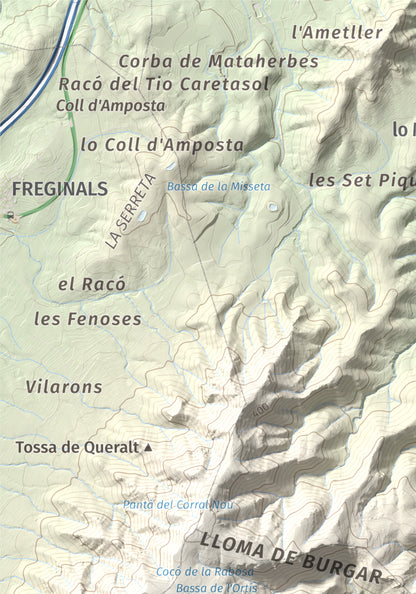 Mapa de relieve de els Quatre Mollons, 433 m, Montsià, lámina 100 Cims de Trobart. Detalle de la zona superior izquierda. 21 × 30 cm.