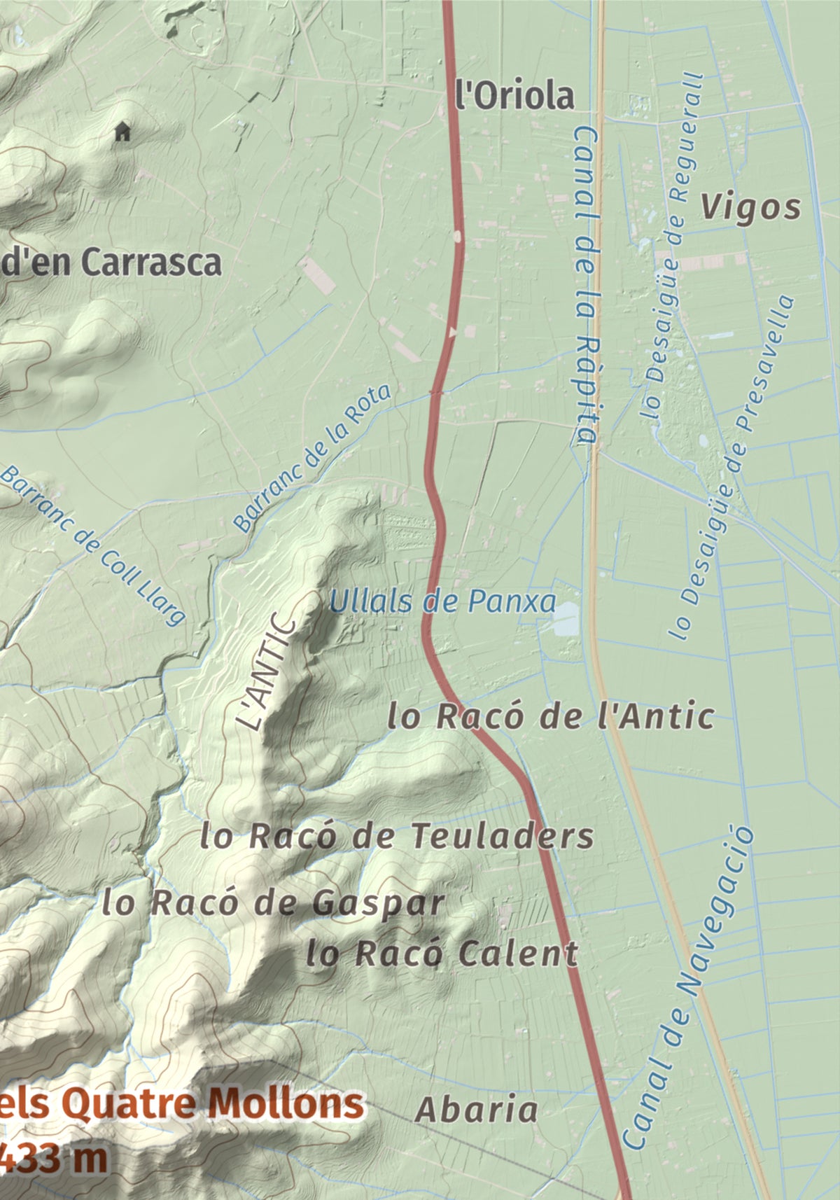 Mapa de relieve de els Quatre Mollons, 433 m, Montsià, lámina 100 Cims de Trobart. Detalle de la zona superior derecha. 21 × 30 cm.