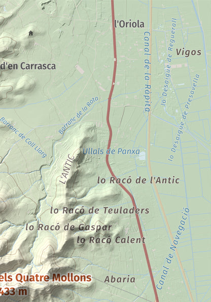Mapa de relieve de els Quatre Mollons, 433 m, Montsià, lámina 100 Cims de Trobart. Detalle de la zona superior derecha. 21 × 30 cm.