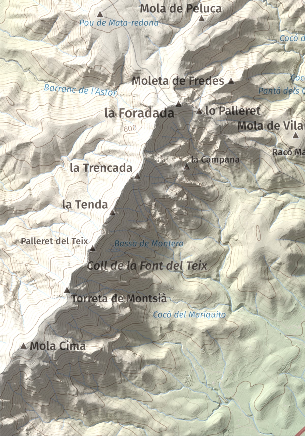 Mapa de relieve de els Quatre Mollons, 433 m, Montsià, lámina 100 Cims de Trobart. Detalle de la zona inferior izquierda. 21 × 30 cm.